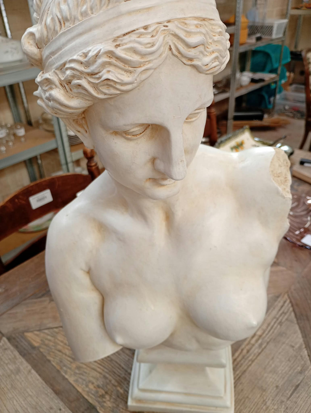 Gipsen buste van een vrouwenfiguur op een houten tafel